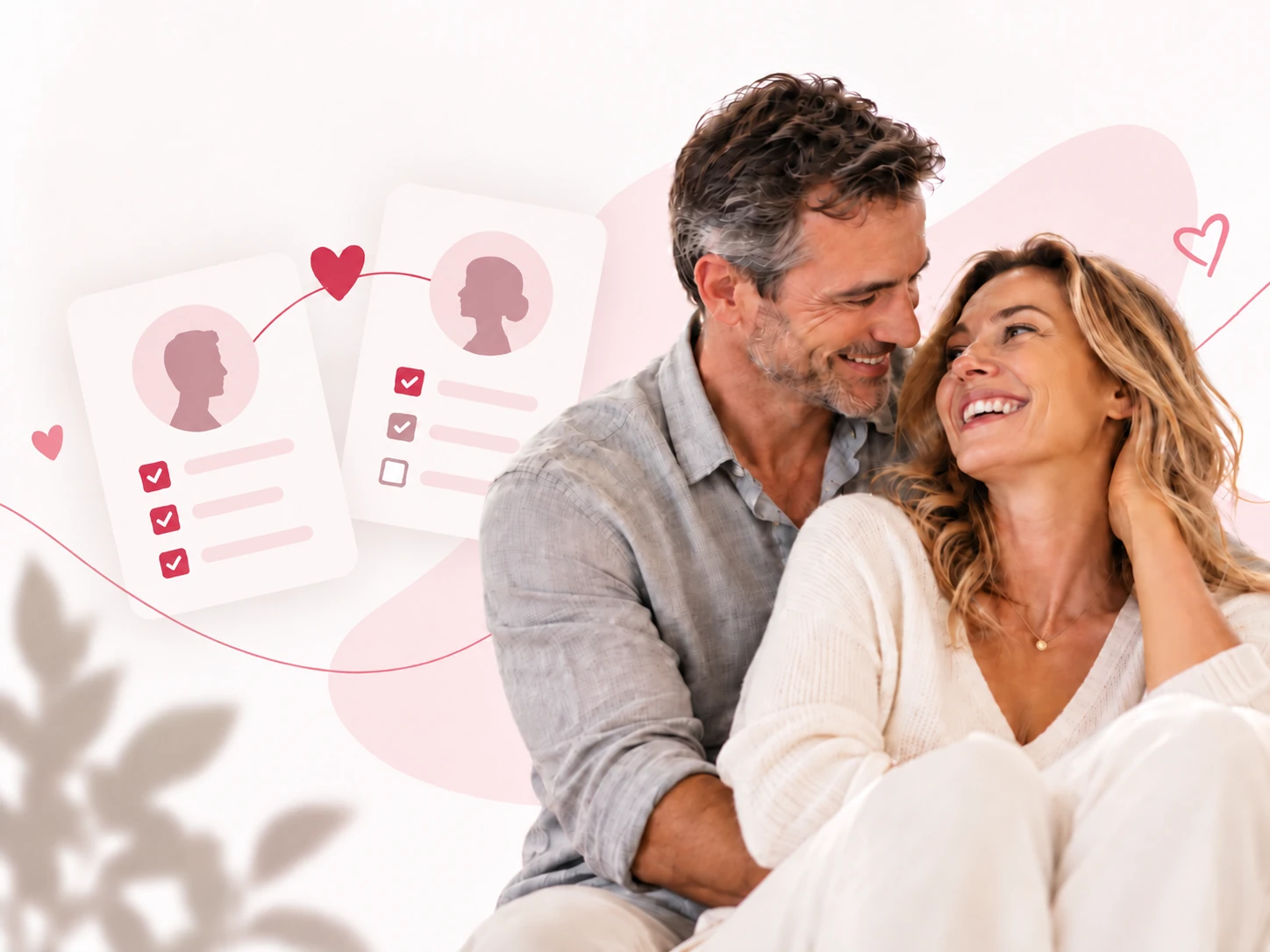 Casal sorrindo e elementos visuais de compatibilidade